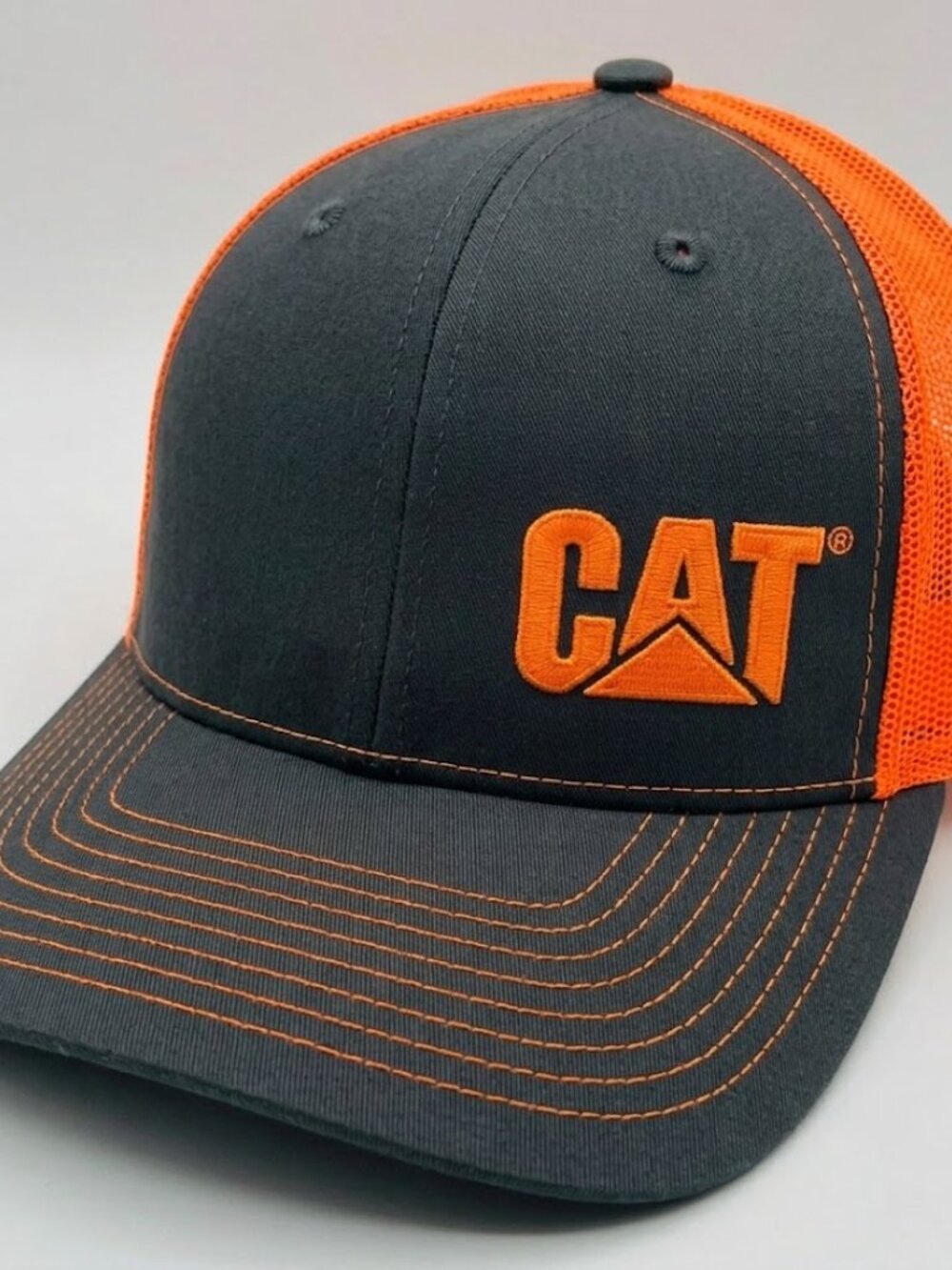 CAT Caterpillar Heavy Equipment Embroidered Grey Orange Richardson 112 Hat Retro